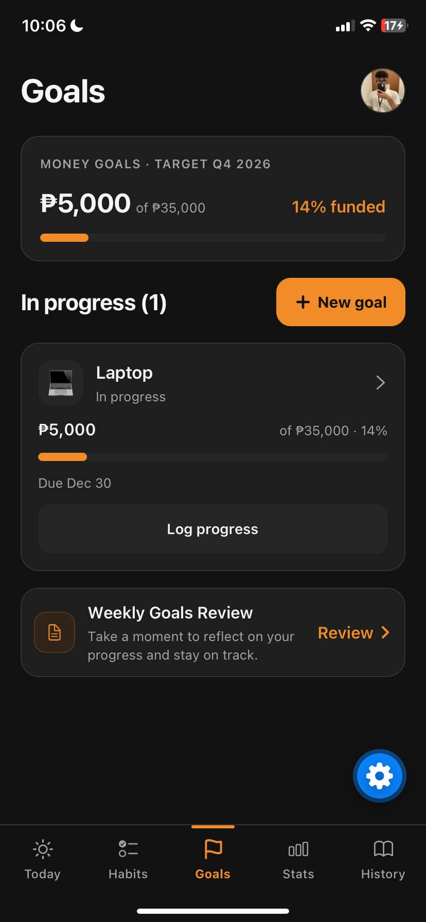 Daymark Goals page with savings progress and weekly goals review