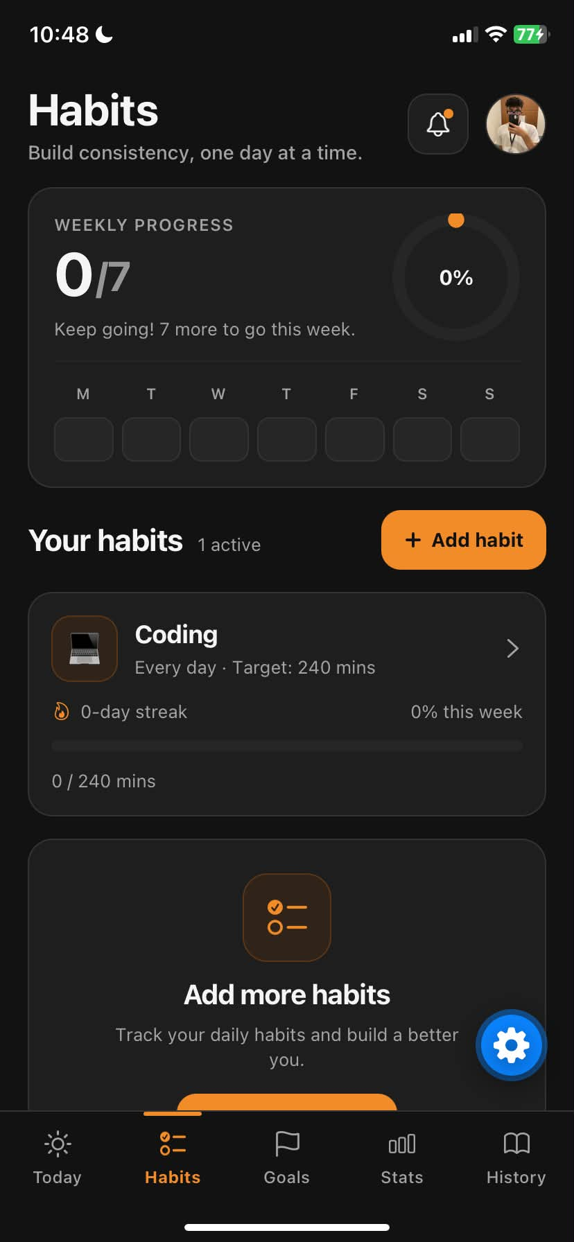 Daymark Habits page with weekly progress and active habits
