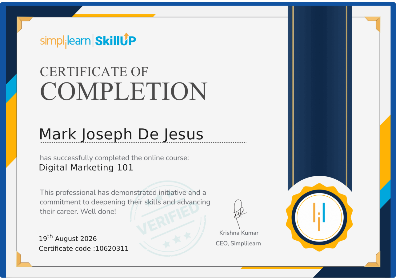 Simplilearn SkillUp certificate of completion for Digital Marketing 101